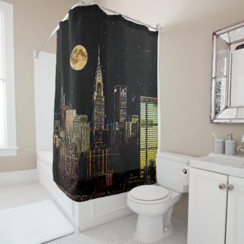 New York Skyline At Night With Full Moon Shower Curtain