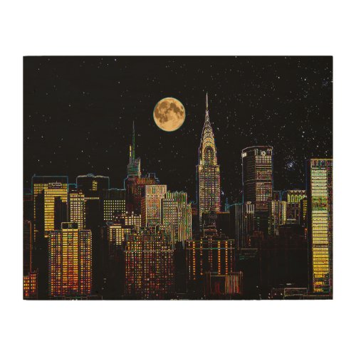 New York Skyline At Night With Full Moon Wood Wall Decor