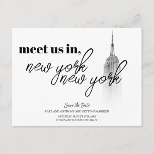 NEW YORK SKYLINE BLACK AND WHITE SAVE THE DATE POSTCARD