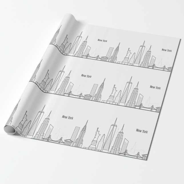 New York Skyline Black Big Apple Modern City Wrapping Paper (Unrolled)
