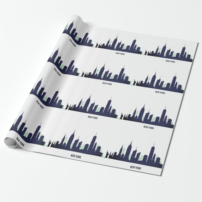 New York Skyline Blue Big Apple Modern City  Wrapping Paper (Unrolled)