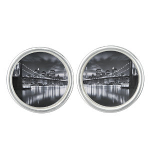 New York Skyline Brooklyn Bridge Monochrome Night Cufflinks