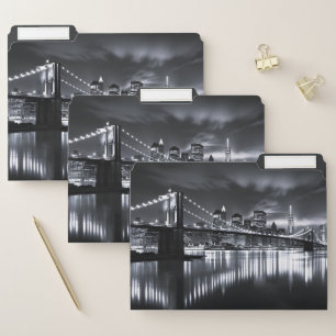 New York Skyline Brooklyn Bridge Monochrome Night File Folder