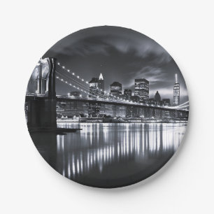 New York Skyline Brooklyn Bridge Monochrome Night Paper Plates