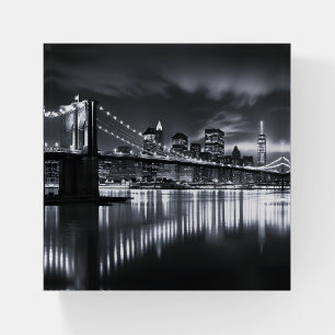 New York Skyline Brooklyn Bridge Monochrome Night Paperweight