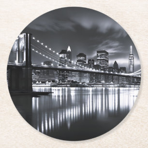 New York Skyline Brooklyn Bridge Monochrome Night Round Paper Coaster