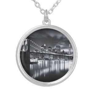 New York Skyline Brooklyn Bridge Monochrome Night Silver Plated Necklace