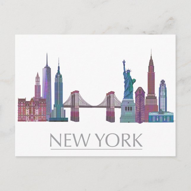 New York Skyline Colored Buildings Postcard (Front)