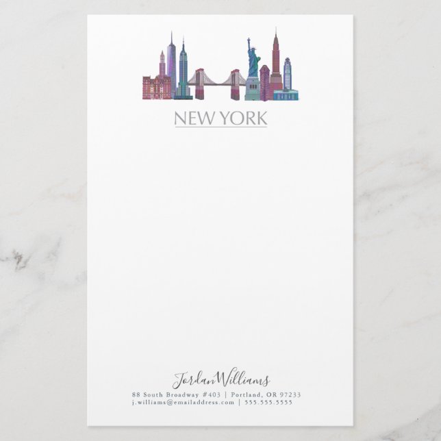 New York Skyline Colored Buildings Stationery (Front)