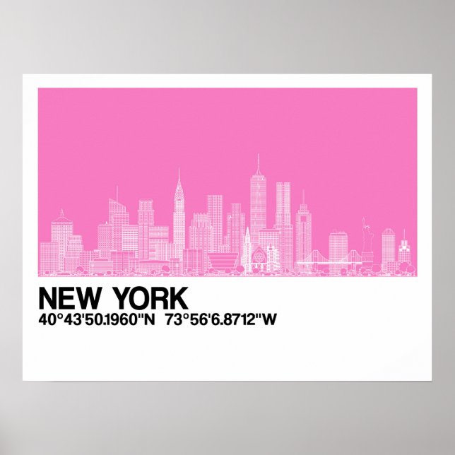 New York Skyline + Coordinates in Pink Poster (Front)