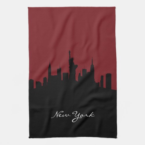 New York Skyline  Dark Red Kitchen Towel