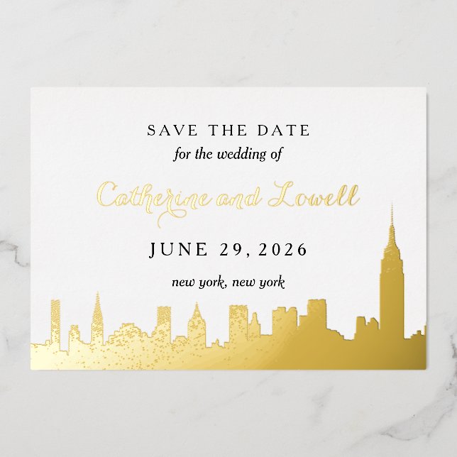 New York Skyline Gold Foil Save the Date Invitation (Front)