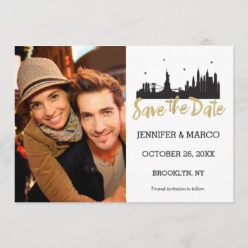 New York Skyline Gold Script Save The Date by tobegreetings at Zazzle