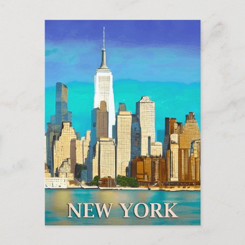 New York Skyline in Cobalt Blue and Tan Postcard