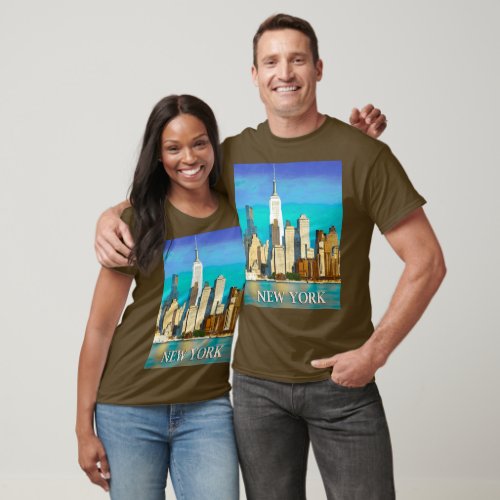 New York Skyline in Cobalt Blue and Tan T_Shirt