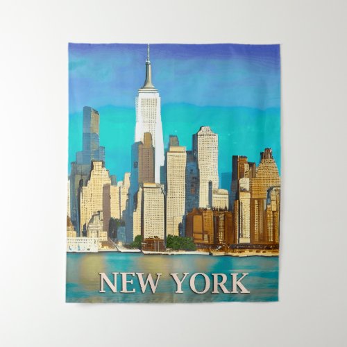 New York Skyline in Cobalt Blue and Tan Tapestry