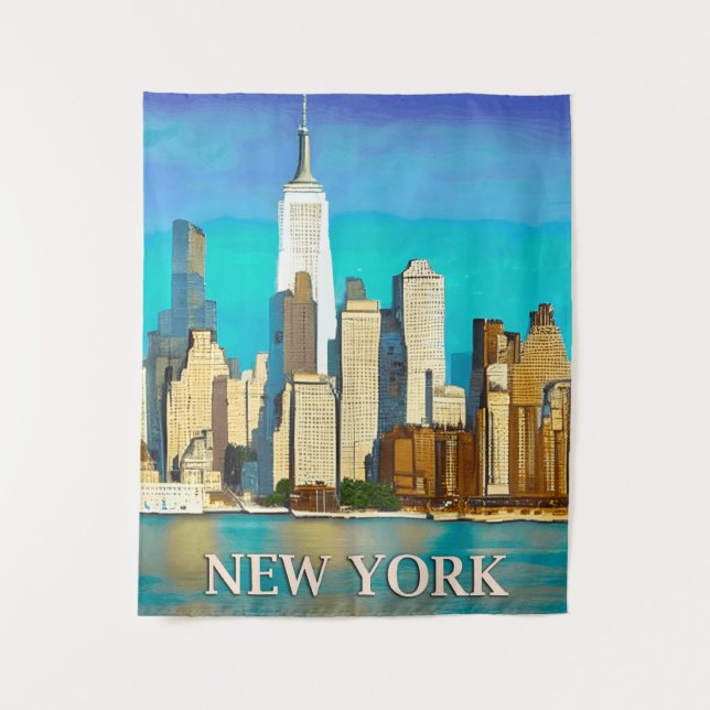 New York Skyline in Cobalt Blue and Tan Tapestry (Front)