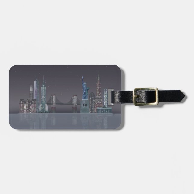 New York Skyline Night Reflections Luggage Tag (Front Horizontal)