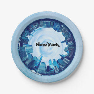 new york skyline of skyscrapers in round paper plates