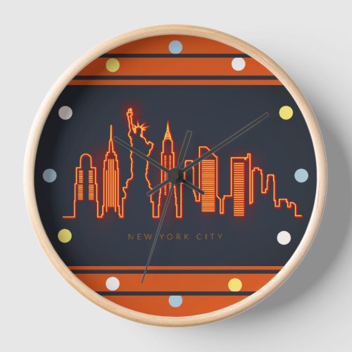 New York Skyline Orange Neon Look Cityscape  Wall  Clock