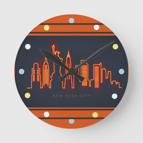 New York Skyline Orange Neon Look Cityscape  Wall Round Clock