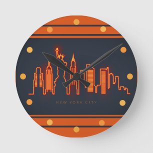 New York Skyline Orange Neon Look Cityscape Wall Round Clock