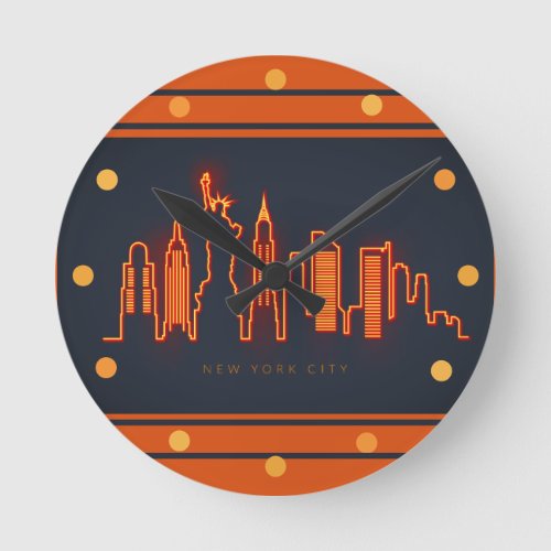 New York Skyline Orange Neon Look Cityscape  Wall Round Clock