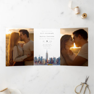 New York Skyline QR Code 3 Photo Wedding Tri-Fold Invitation