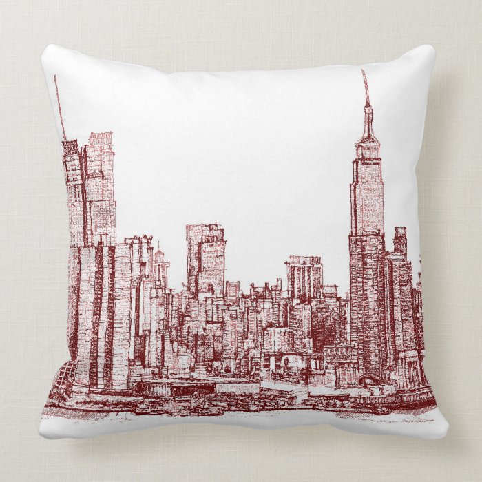 New York skyline red drawing Throw Pillows