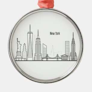 New York Skyline Silhouette Black Elegant Script Metal Ornament