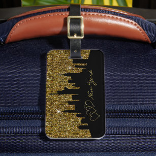 New York Skyline Silhouette in Faux Gold Glitter Luggage Tag