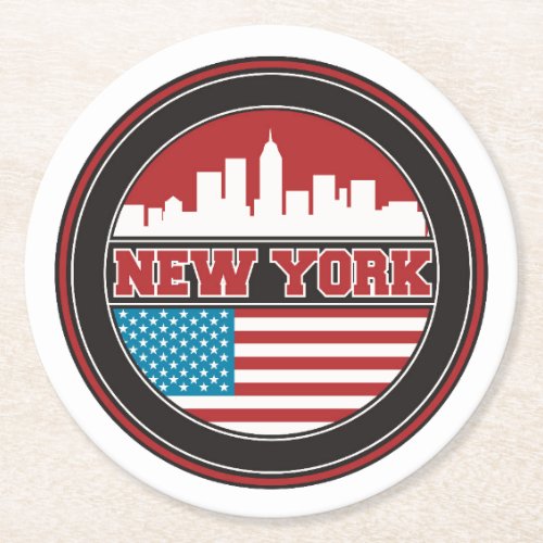 New York Skyline  United States Flag Round Paper Coaster