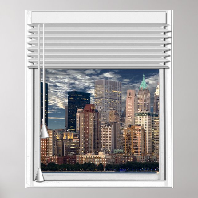 New York Skyline View Fake Window With Blinds Poster (Front)