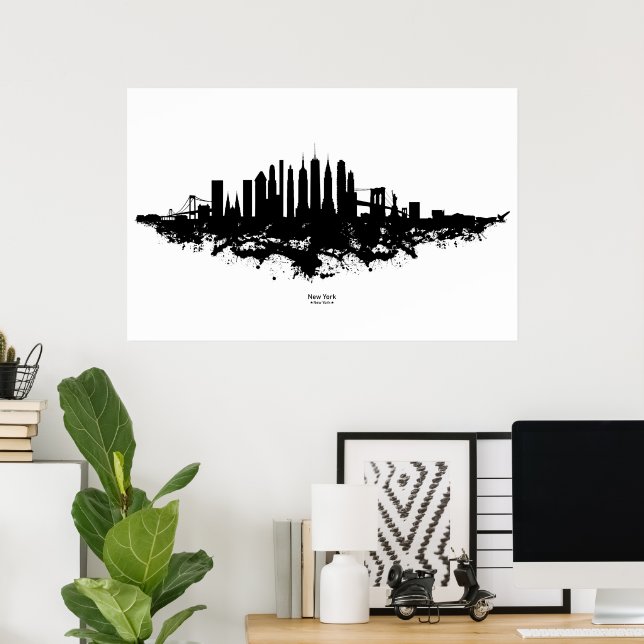 New York Skyline Watercolor Black and White Poster (Home Office)