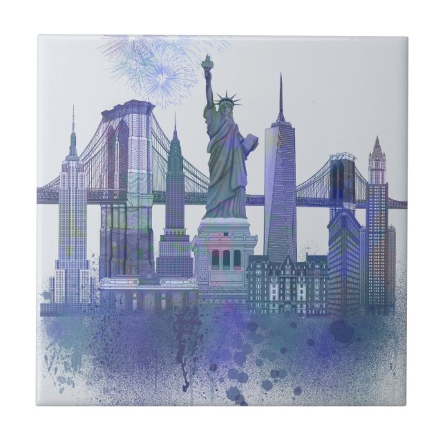 New York Skyline - Watercolor Blue Ceramic Tile (Front)
