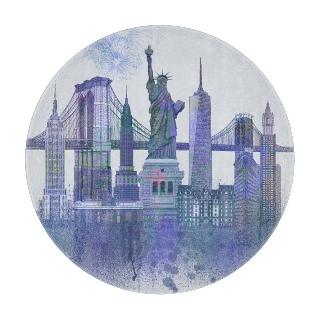 New York Skyline - Watercolor Blue Cutting Board (Front)