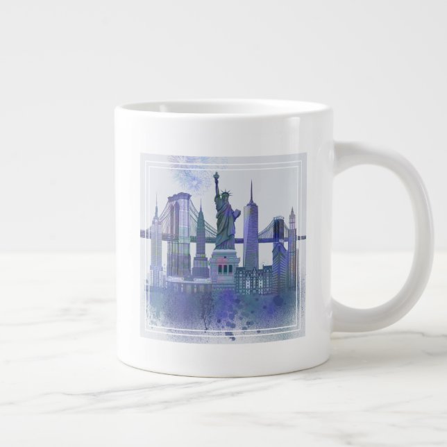 New York Skyline - Watercolor Blue Giant Coffee Mug (Right)