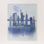 New York Skyline - Watercolor Blue Jigsaw Puzzle<br><div class="desc">New York Skyline Watercolour Splash Blue by Fab Funky. Features famous landmarks of New York City in a watercolor style.</div>