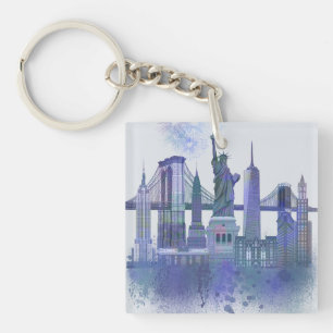 New York Skyline - Watercolor Blue Keychain