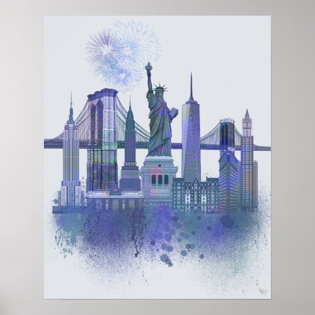 New York Skyline - Watercolor Blue Poster (Front)