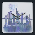 New York Skyline - Watercolor Blue Square Wall Clock<br><div class="desc">New York Skyline Watercolour Splash Blue by Fab Funky. Features famous landmarks of New York City in a watercolor style.</div>