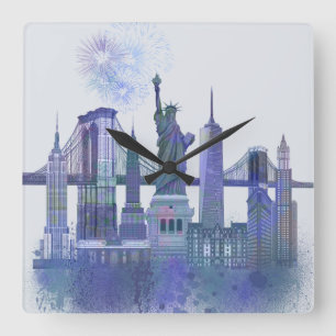 New York Skyline - Watercolor Blue Square Wall Clock