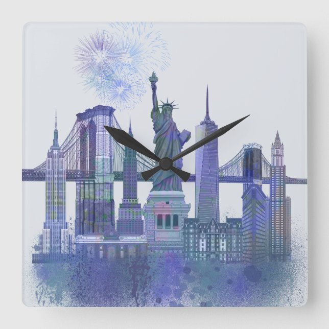 New York Skyline - Watercolor Blue Square Wall Clock (Front)