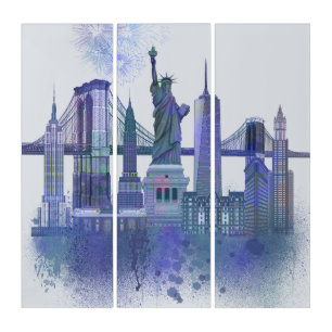 New York Skyline - Watercolor Blue Triptych