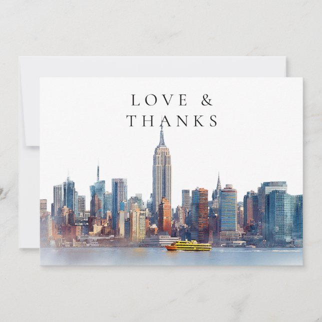 New York Skyline Watercolor Wedding Photo Thank You Card (Front)