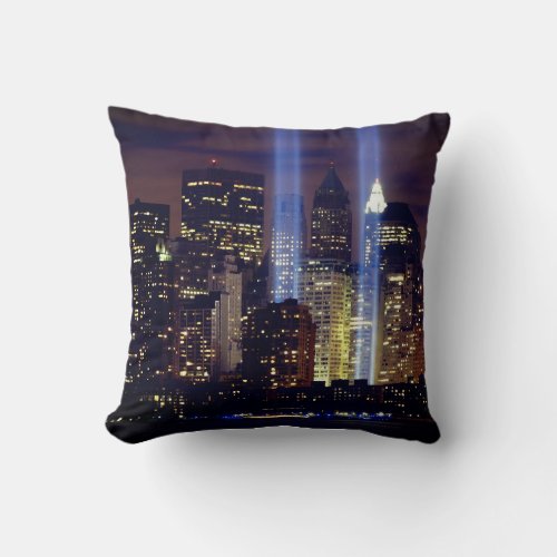 New York Skyline with Memorial Lights Throw Pillow