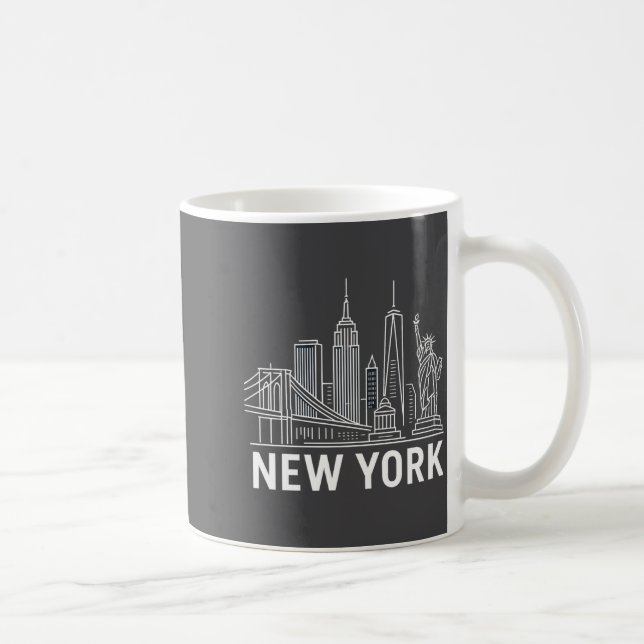 New York Skyline With Statue Of Liberty White Line Coffee Mug (Right)