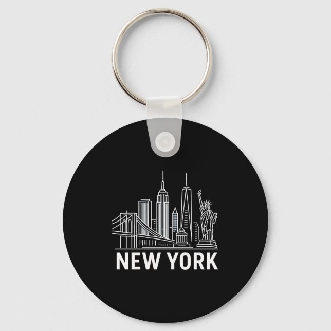 New York Skyline With Statue Of Liberty White Line Keychain (Front)