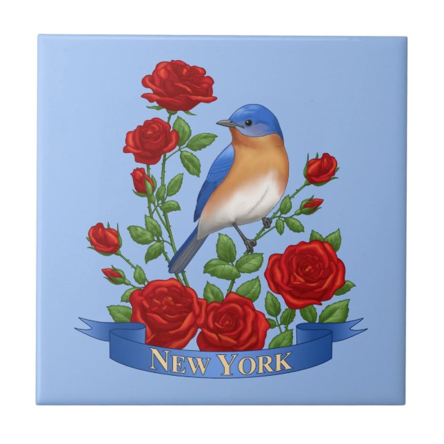 New York State Bird & Flower - Bluebird & Red Rose Ceramic Tile (Front)