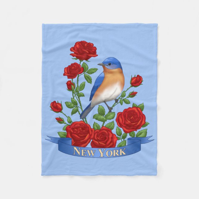 New York State Bird & Flower - Bluebird & Red Rose Fleece Blanket (Front)